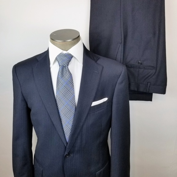 HART SCHAFFNER MARX- 40R 36X29 Mens 2 Piece Suit Dark Navy Blue With Stripes - Picture 2 of 16